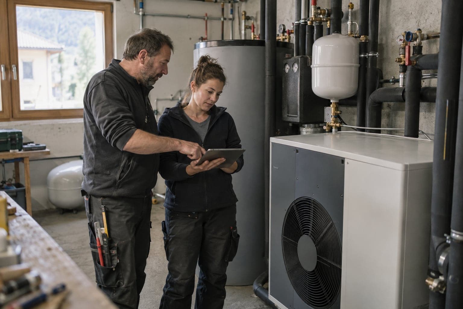 Ein Servicetechniker und eine Monteurin gehen vor einer Wärmepumpe gemeinsam eine Checkliste auf dem Tablet durch.