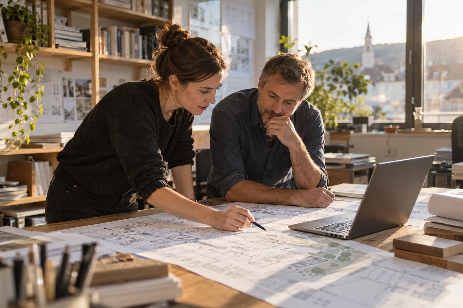 Zwei Planerinnen und Planer beugen sich im Ingenieurbüro über ausgedruckte Baupläne.