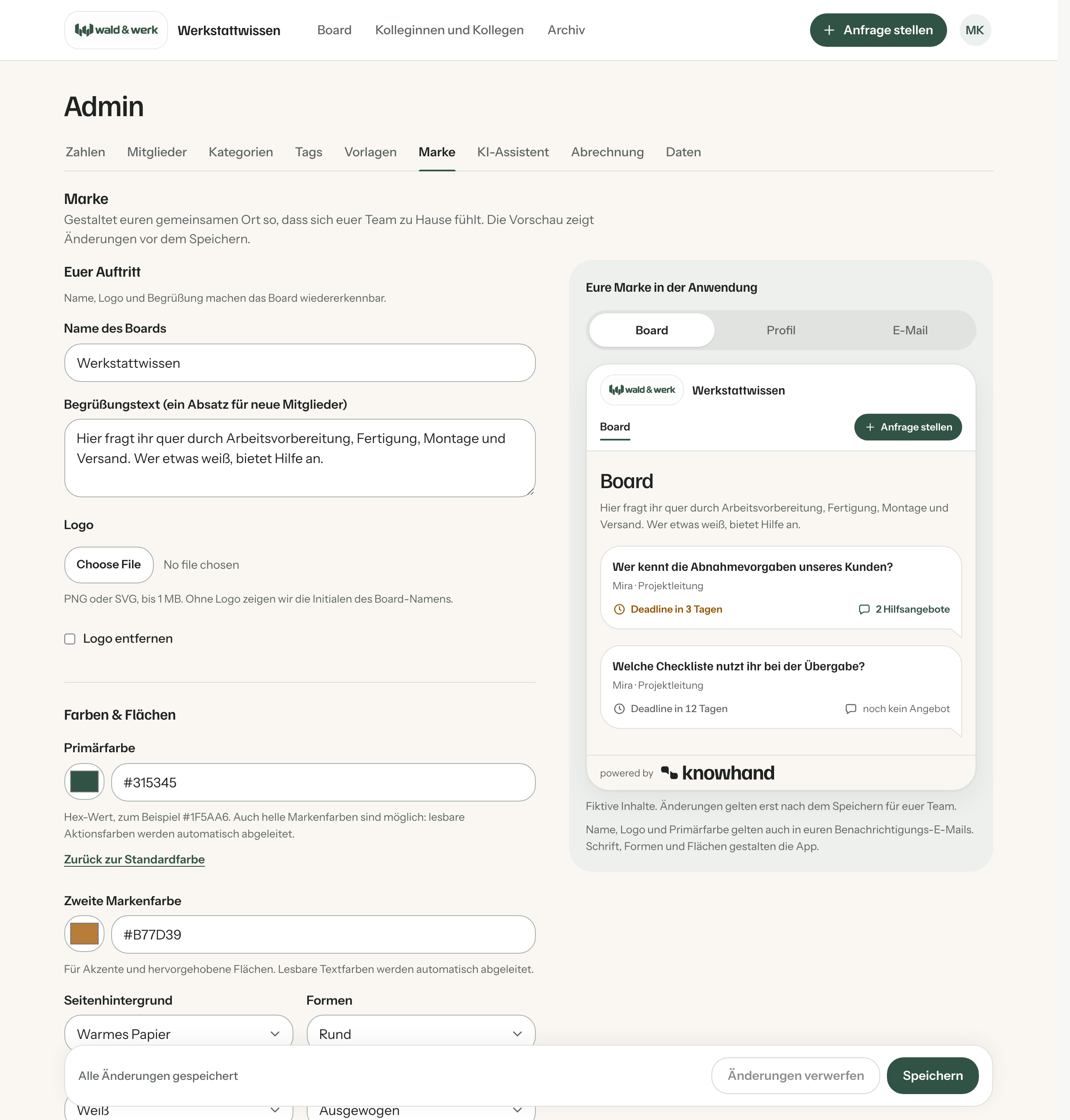 Die Admin-Seite für Logo, Farbe und Begrüßung