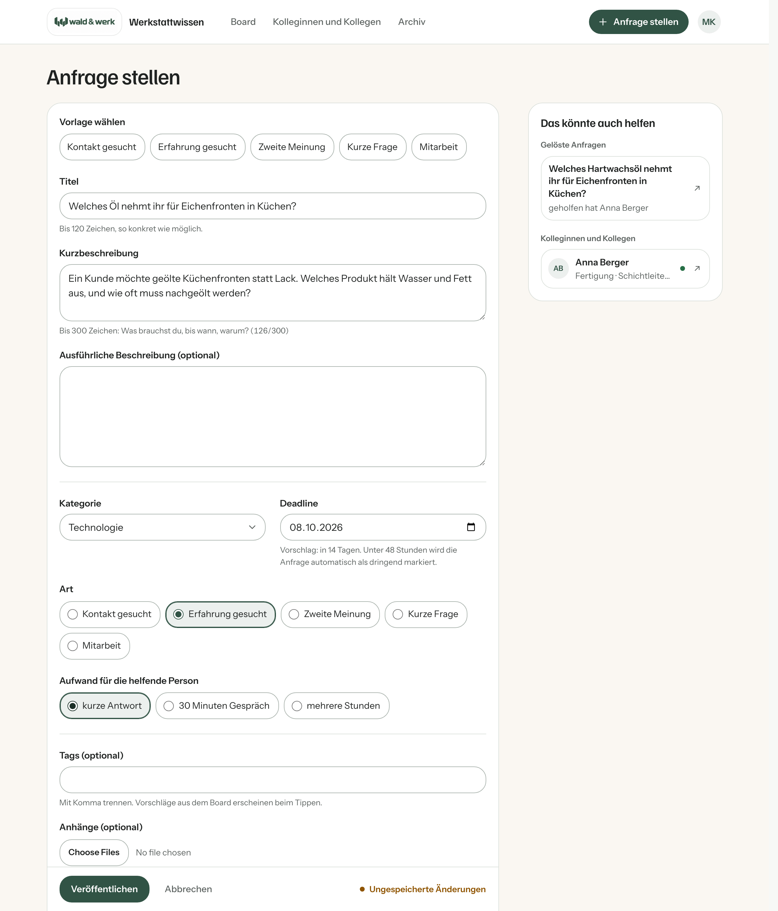 Das Formular für eine neue Anfrage mit Vorlagen, Kategorie, Aufwand und Deadline
