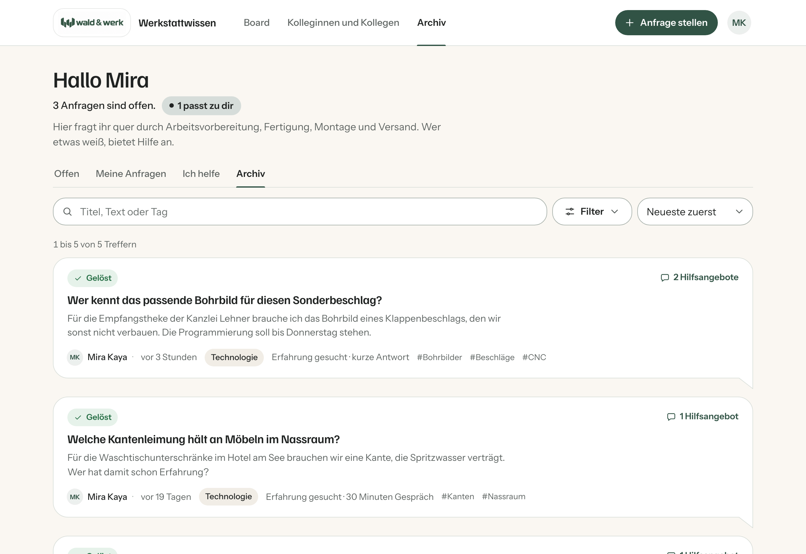 Das Archiv des Boards mit gelösten Anfragen
