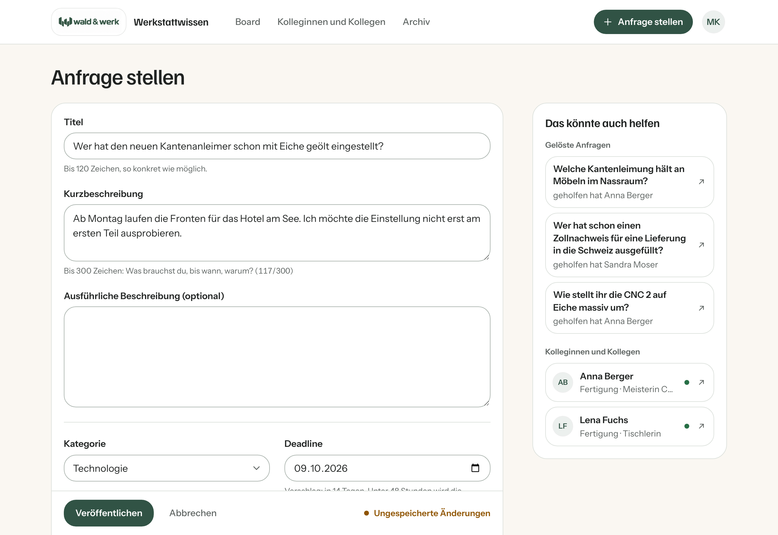 Das Formular für eine neue Anfrage mit Titel, Kategorie, Aufwand und Deadline