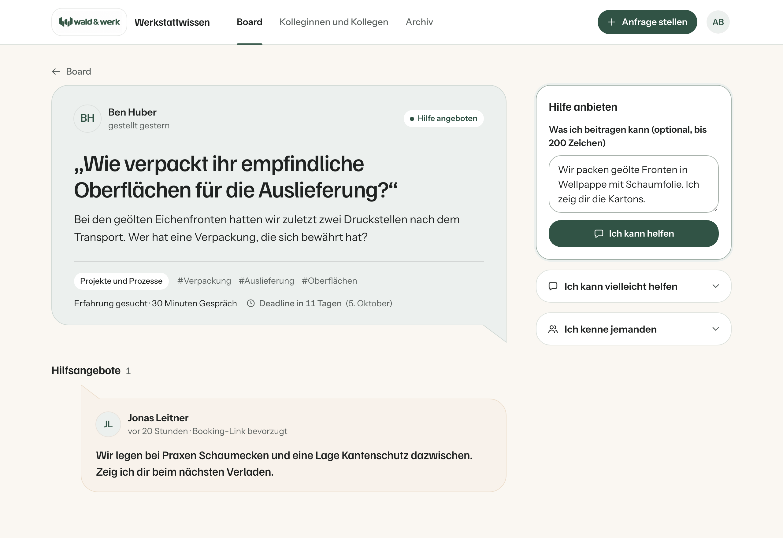 Eine Anfrage aus Sicht einer Kollegin, die mit einer Notiz Hilfe anbietet