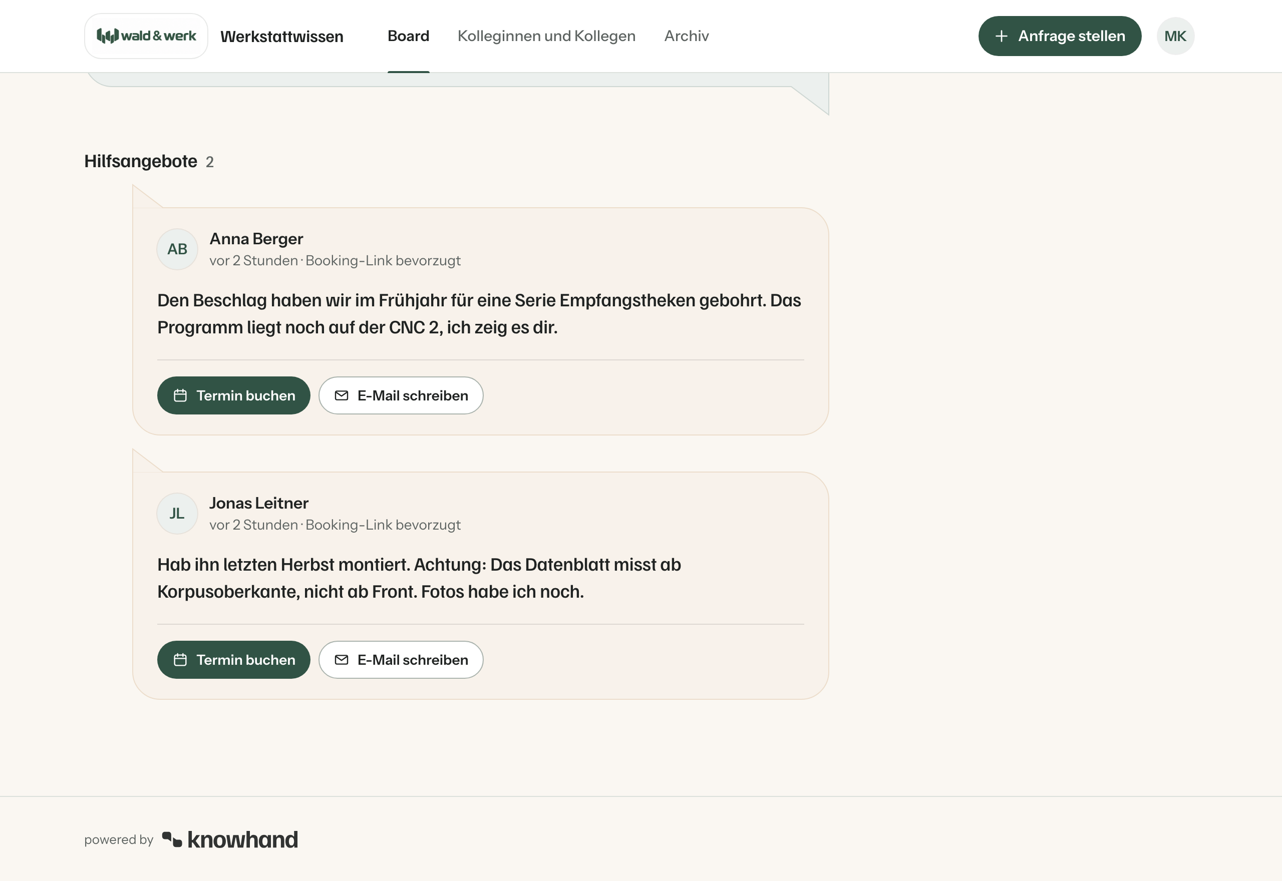 Zwei Hilfsangebote mit den Knöpfen „Termin buchen“ und „E-Mail schreiben“