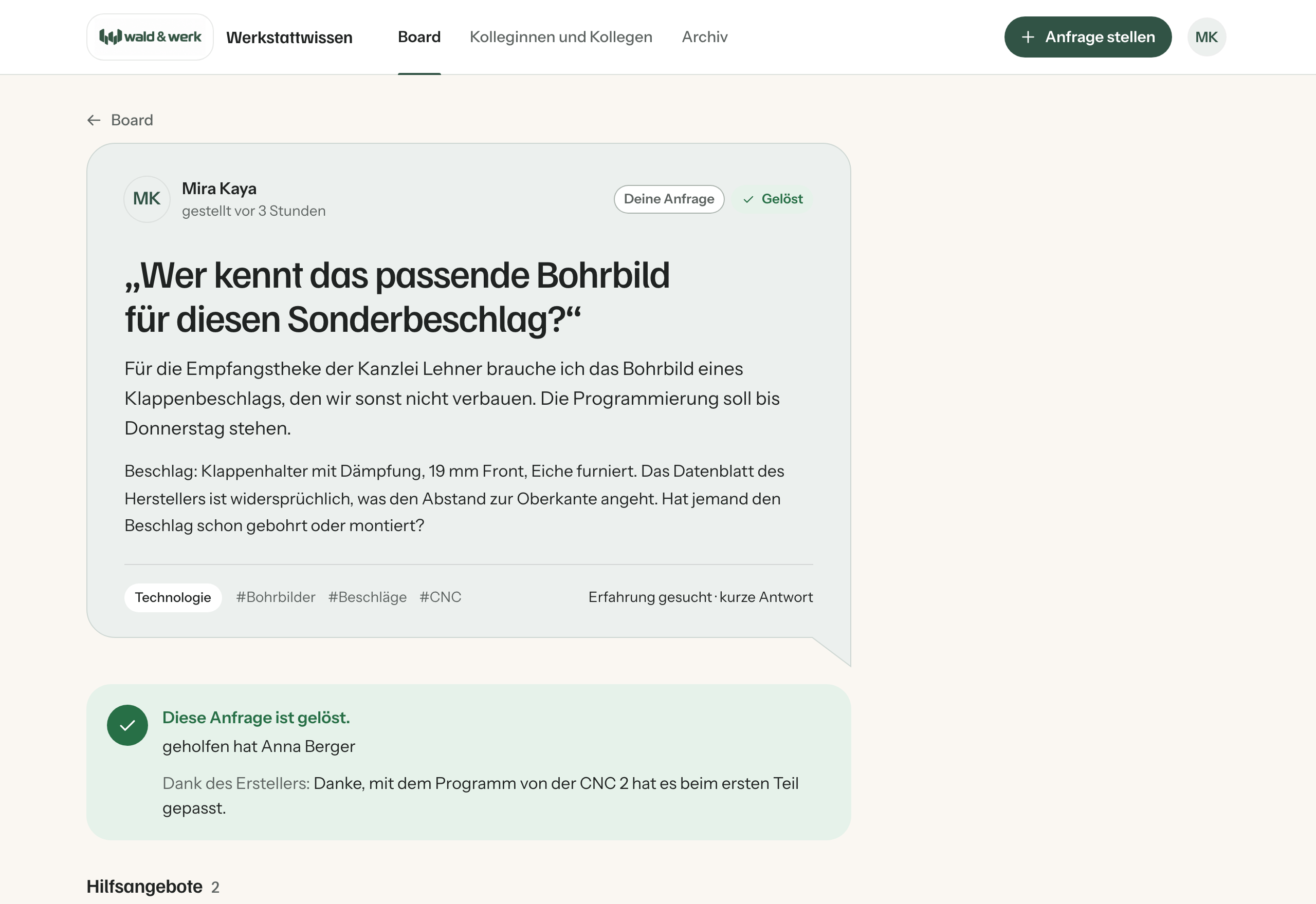 Eine gelöste Anfrage mit Dank an die Kollegin, die geholfen hat